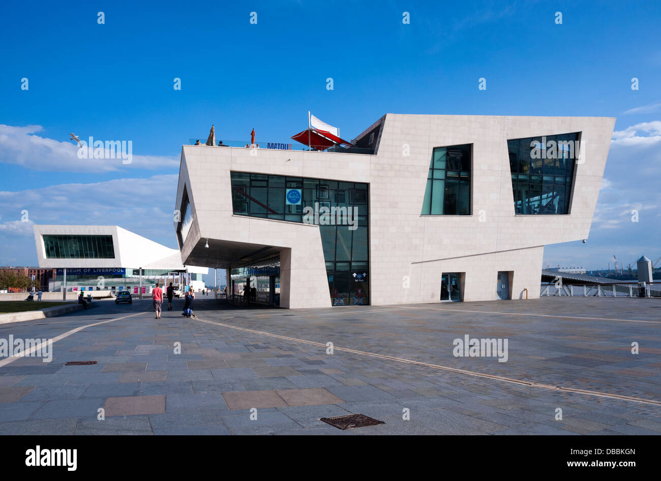 The Waterfront and Pier Head, with the Museum of Liverpool (left) and The New Ferry Terminal (with Beatles Museum) Liverpool, UK Stock Photo