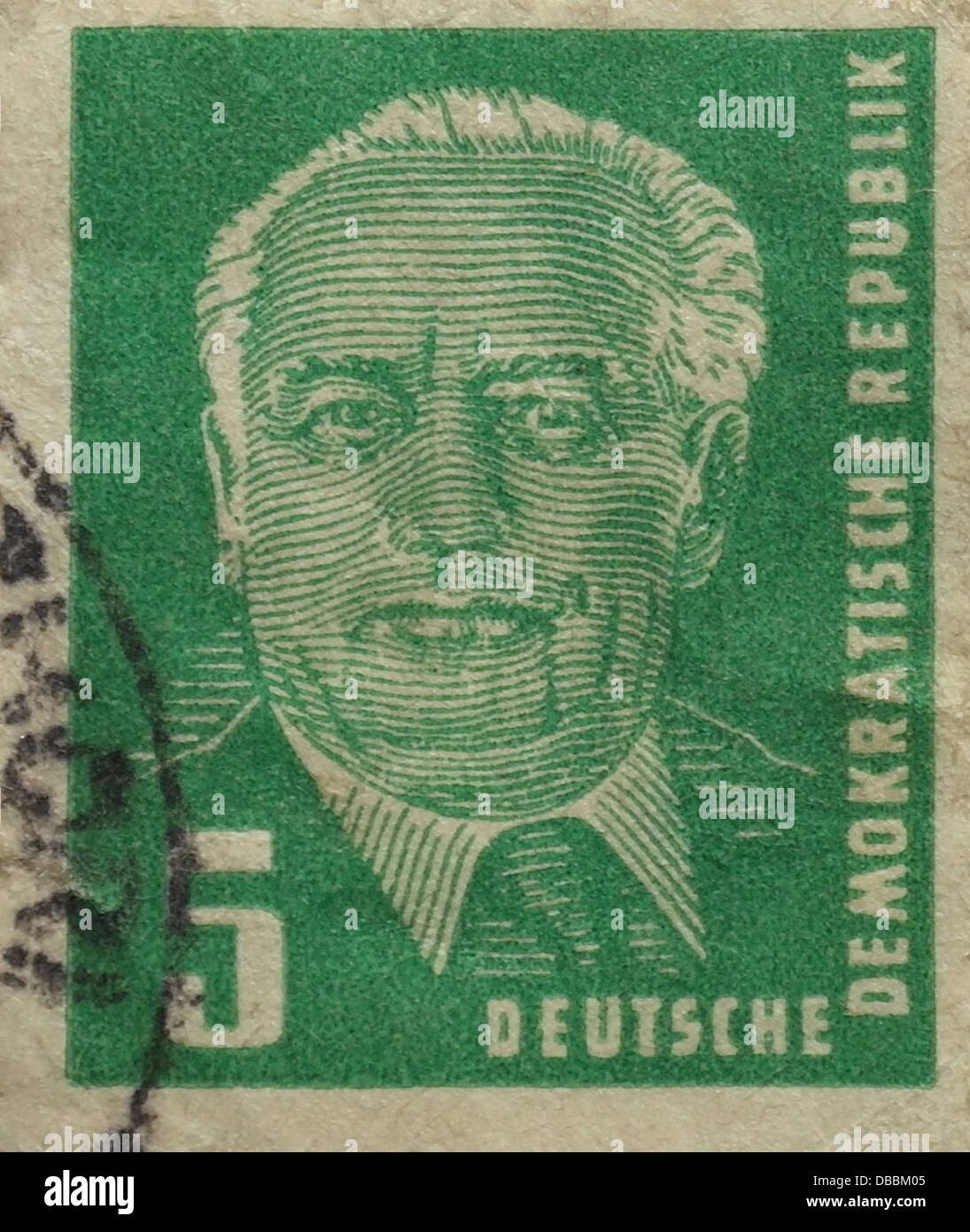 Green 5 Pfennigs postage stamp, issued in 1950, bearing the head and face of Wilhelm Pieck, President of East Germany 1949-60 Stock Photo