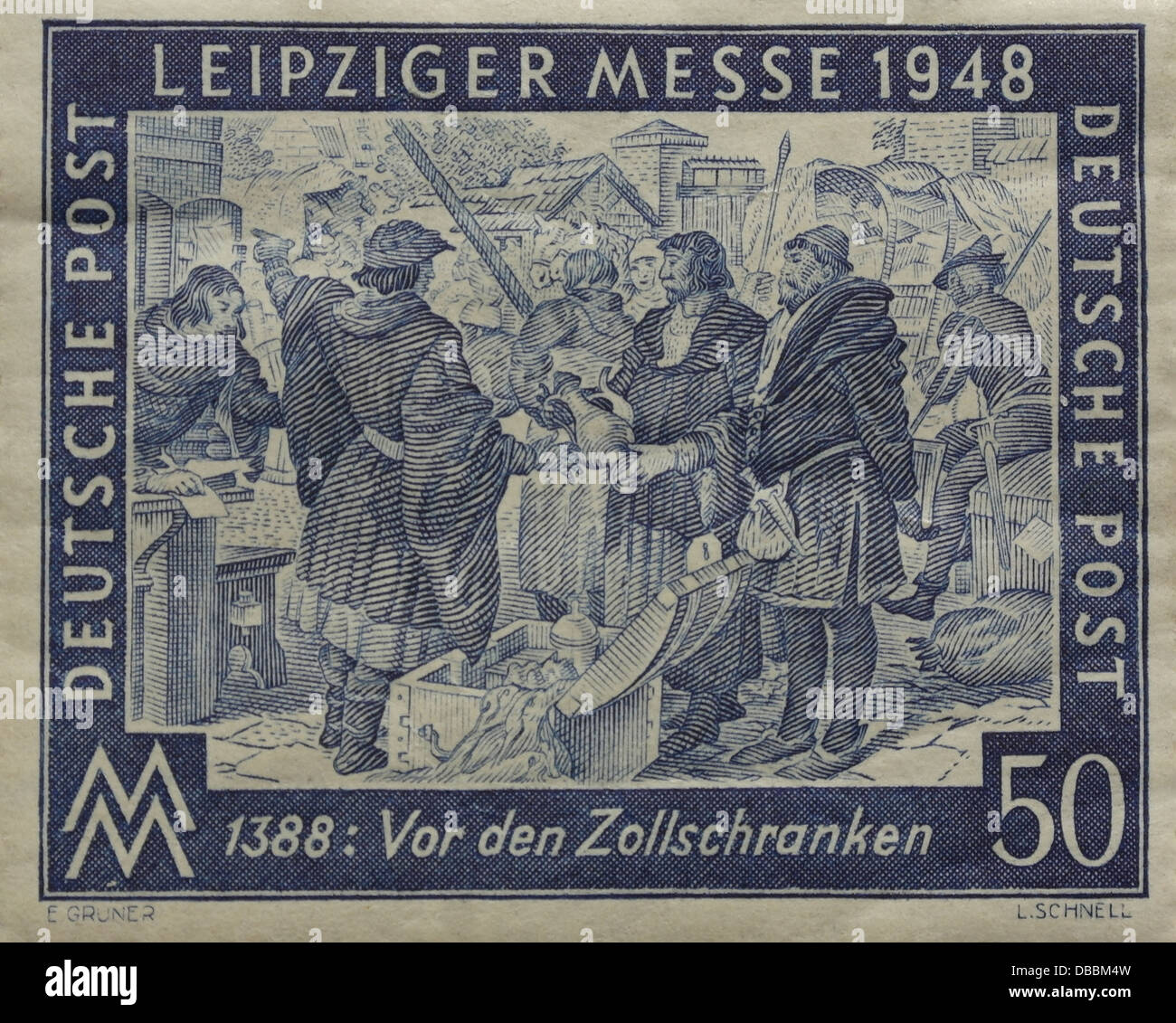 Violet 50 Pfennig postage stamp, dated 1947, showing officials collecting tariffs, Leipzig Trade Fair, Leipzig, East Germany Stock Photo