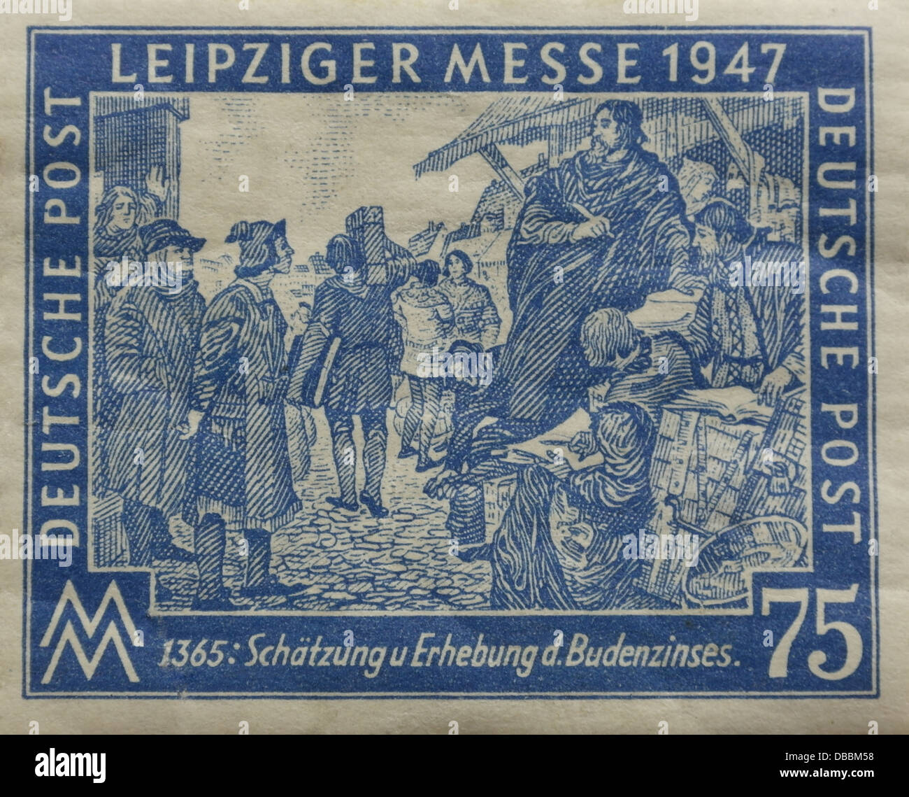 Blue 75 Pfennig postage stamp, dated 1947, showing officials collecting stall charges, Leipzig Trade Fair, Leipzig, East Germany Stock Photo