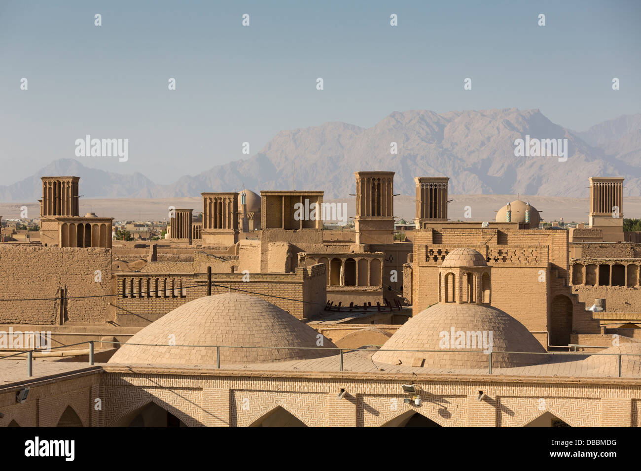 view of windcatchers (badgirs) from the roof of the Friday mosque Yazd, Iran Stock Photo
