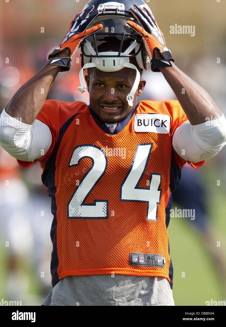Englewood, Colorado, USA. 27th July, 2013. Denver Broncos CB CHAMP BAILEY readies to go through drills during Training Camp at Dove Valley Saturday Morning. Credit:  Hector Acevedo/ZUMAPRESS.com/Alamy Live News Stock Photo