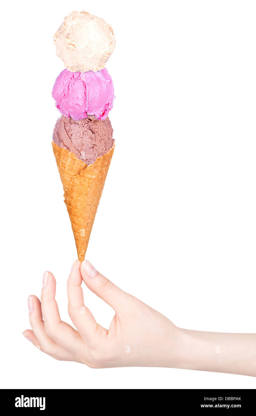 Three scoops of ice creams with cone on white background Stock Photo