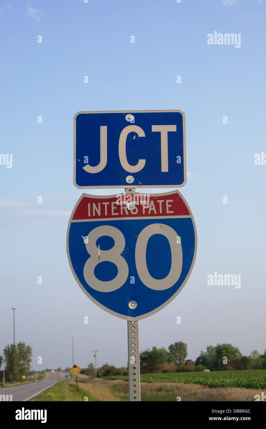 Interstate 80 junction sign in rural farmland Stock Photo