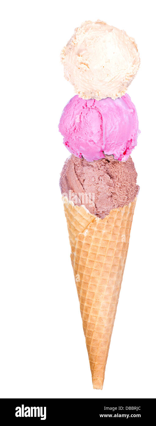 Three scoops of ice creams with cone on white background Stock Photo
