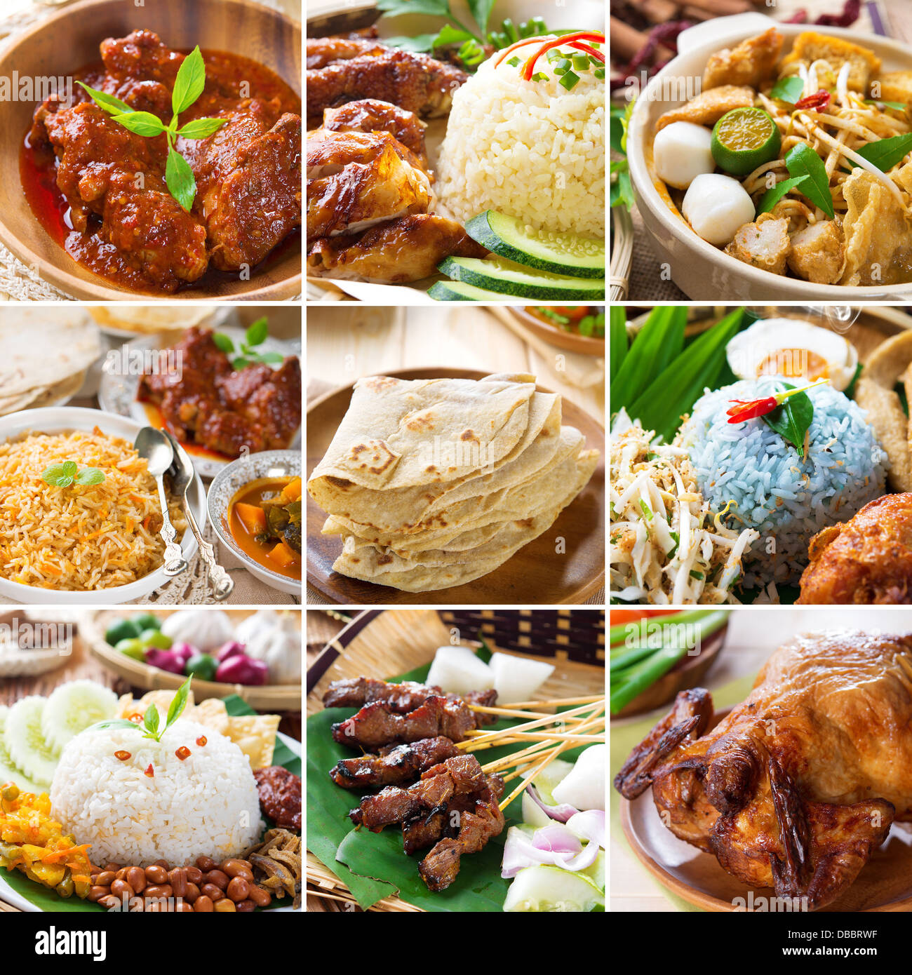 Asian food collection. Various Asia cuisine, curry, rice, noodles, biryani, roti chapatti, nasi kerabu, nasi lemak, satay and roast chicken. Stock Photo