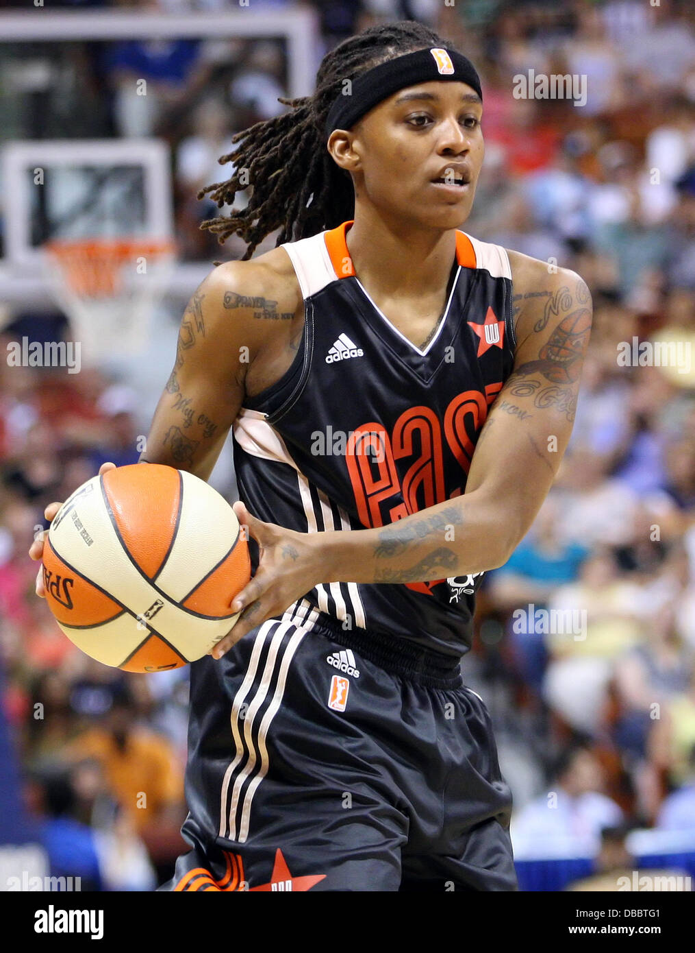Uncasville, Connecticut, USA. 27th July, 2013. Eastern Conference guard Shavonte Zellous (1) of the Indiana Fever in action during the 2013 WNBA All-Star game at Mohegan Sun Arena. The Western Conference defeated the East 102-98. Anthony Nesmith/CSM/Alamy Live News Stock Photo