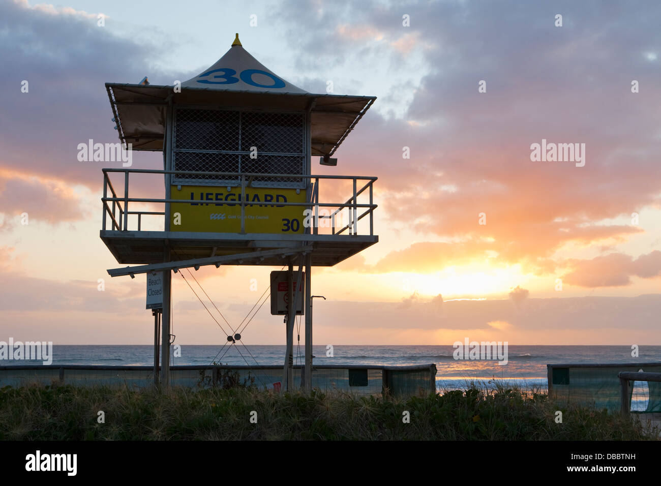 Lifeguard tower overlooking beach at Surfers Paradise at dawn. Gold Coast, Queensland, Australia Stock Photo