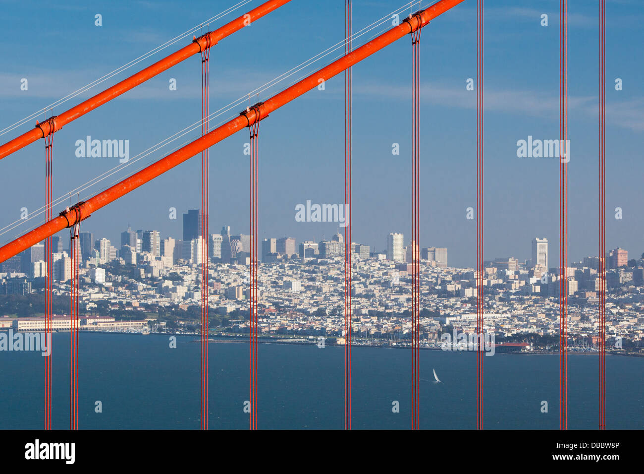 A view at midday thru the Golden Gate Bridge towards downtown San Francisco. IN California, USA. Stock Photo