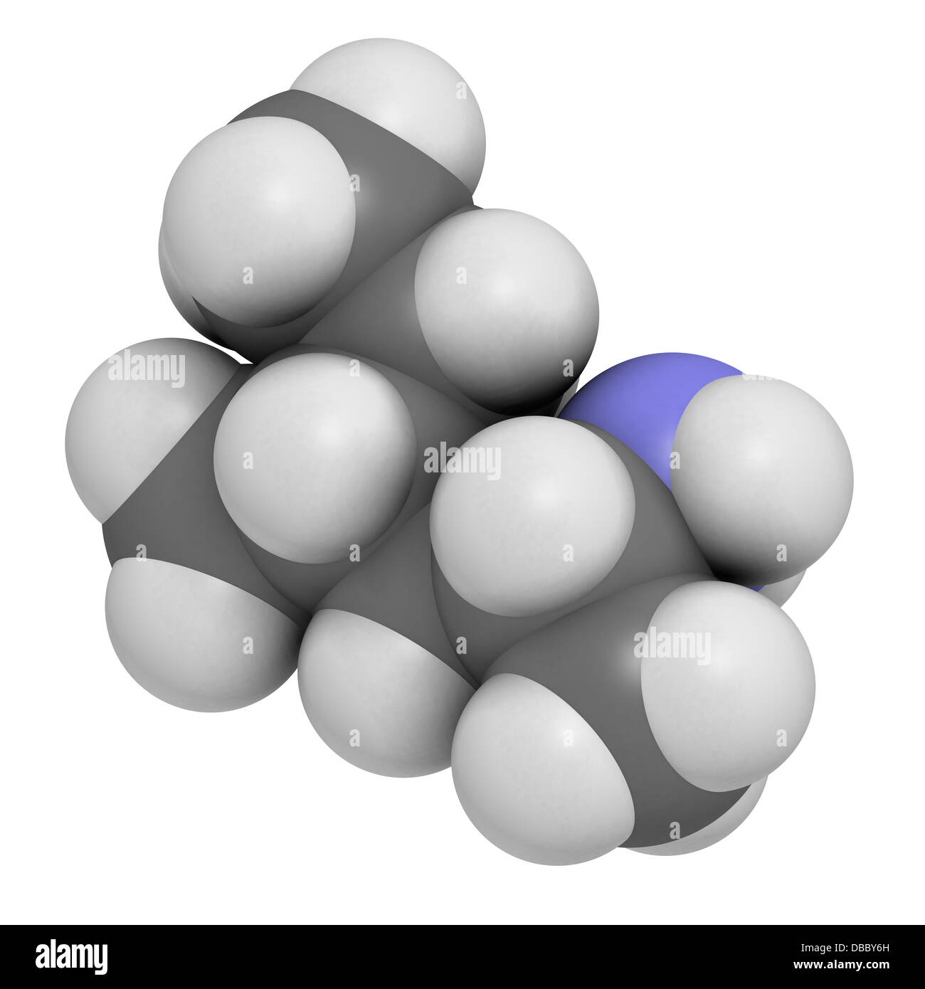 Methylhexanamine (1,3-dimethylamylamine, DMAA) stimulant drug, chemical structure. Atoms are represented as spheres. Stock Photo