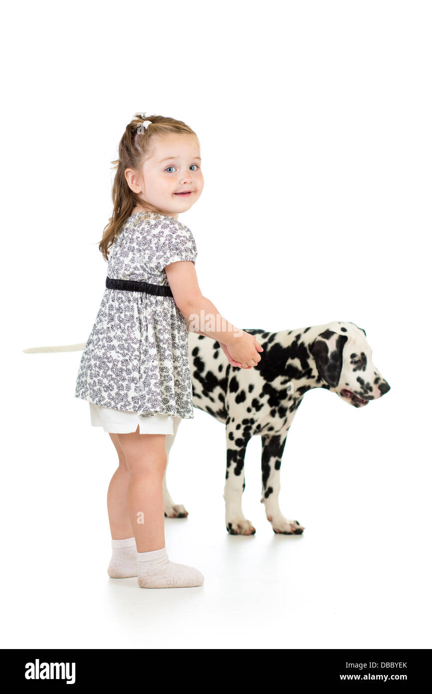 kid girl playing with dog Stock Photo