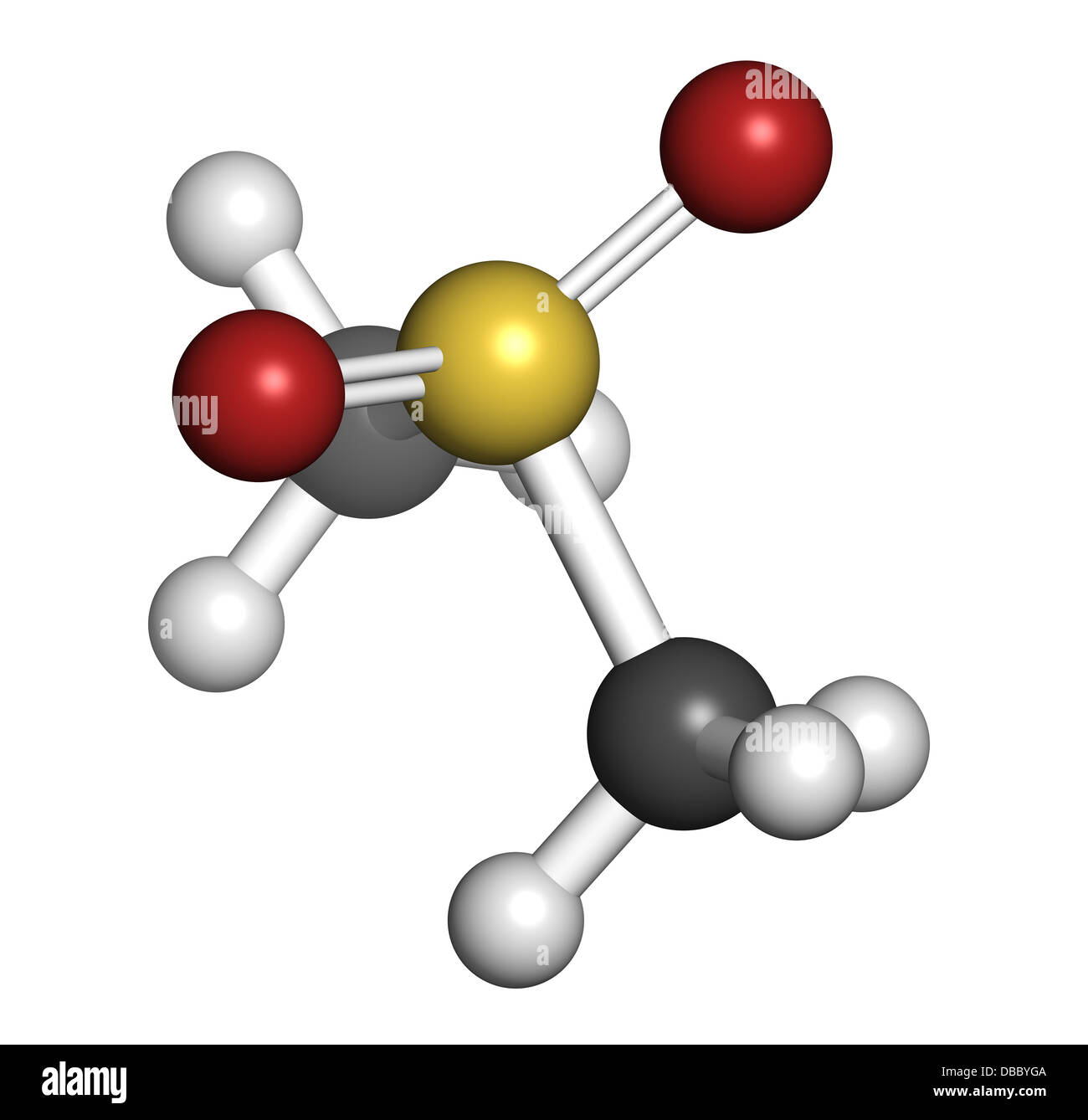 Methylsulfonylmethane (MSM) dietary supplement molecule, chemical structure. Atoms are represented as spheres. Stock Photo