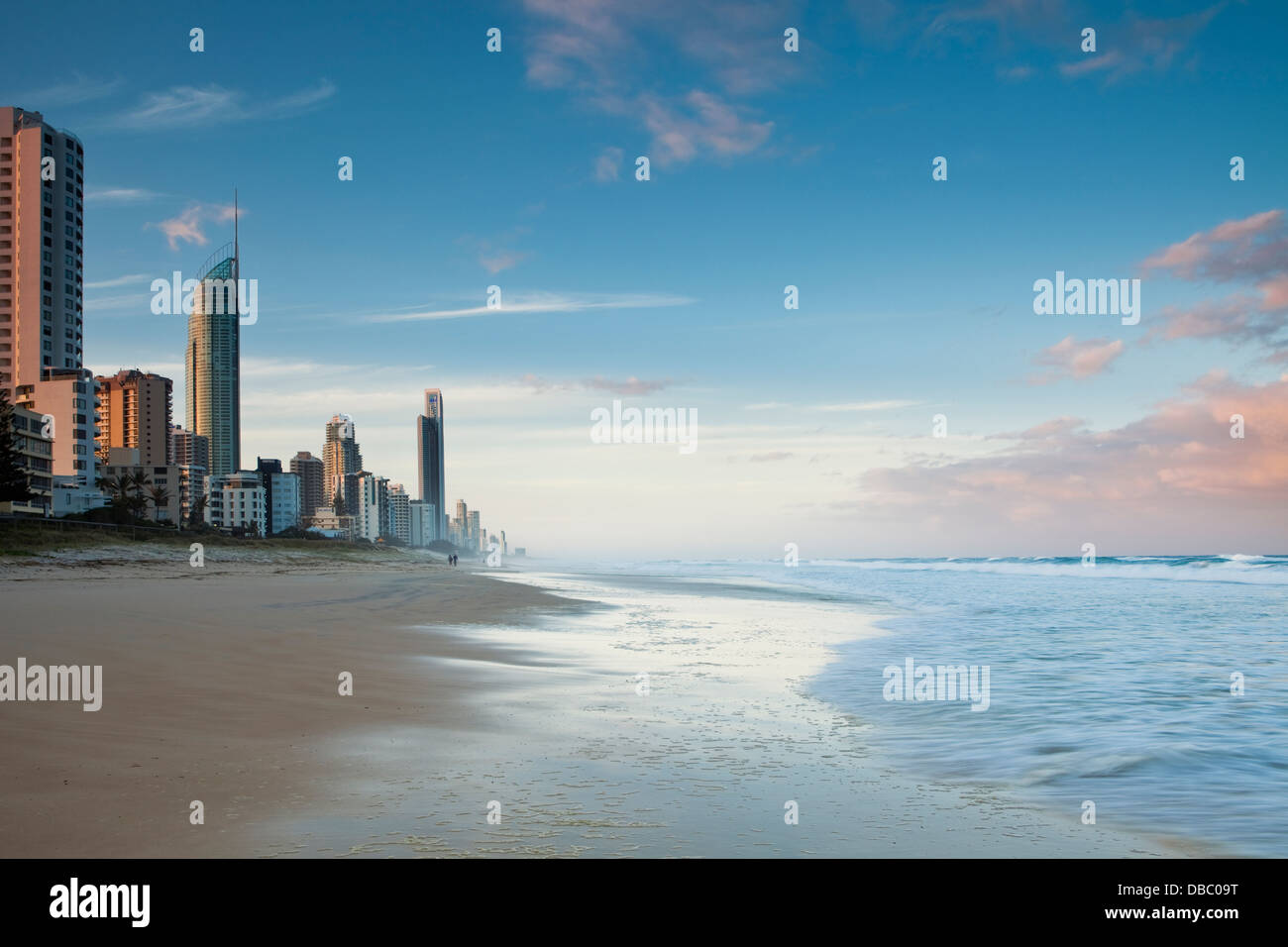 View along beach at Surfers Paradise at sunset. Gold Coast, Queensland, Australia Stock Photo