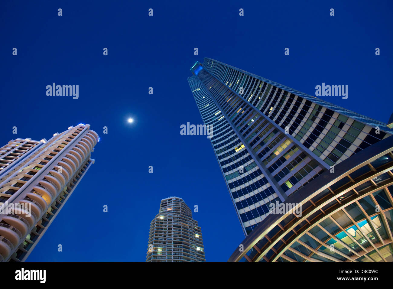 The Q1 Tower - Australia's highest residential tower, illuminated at twilight. Surfers Paradise, Gold Coast, Queensland, Austral Stock Photo