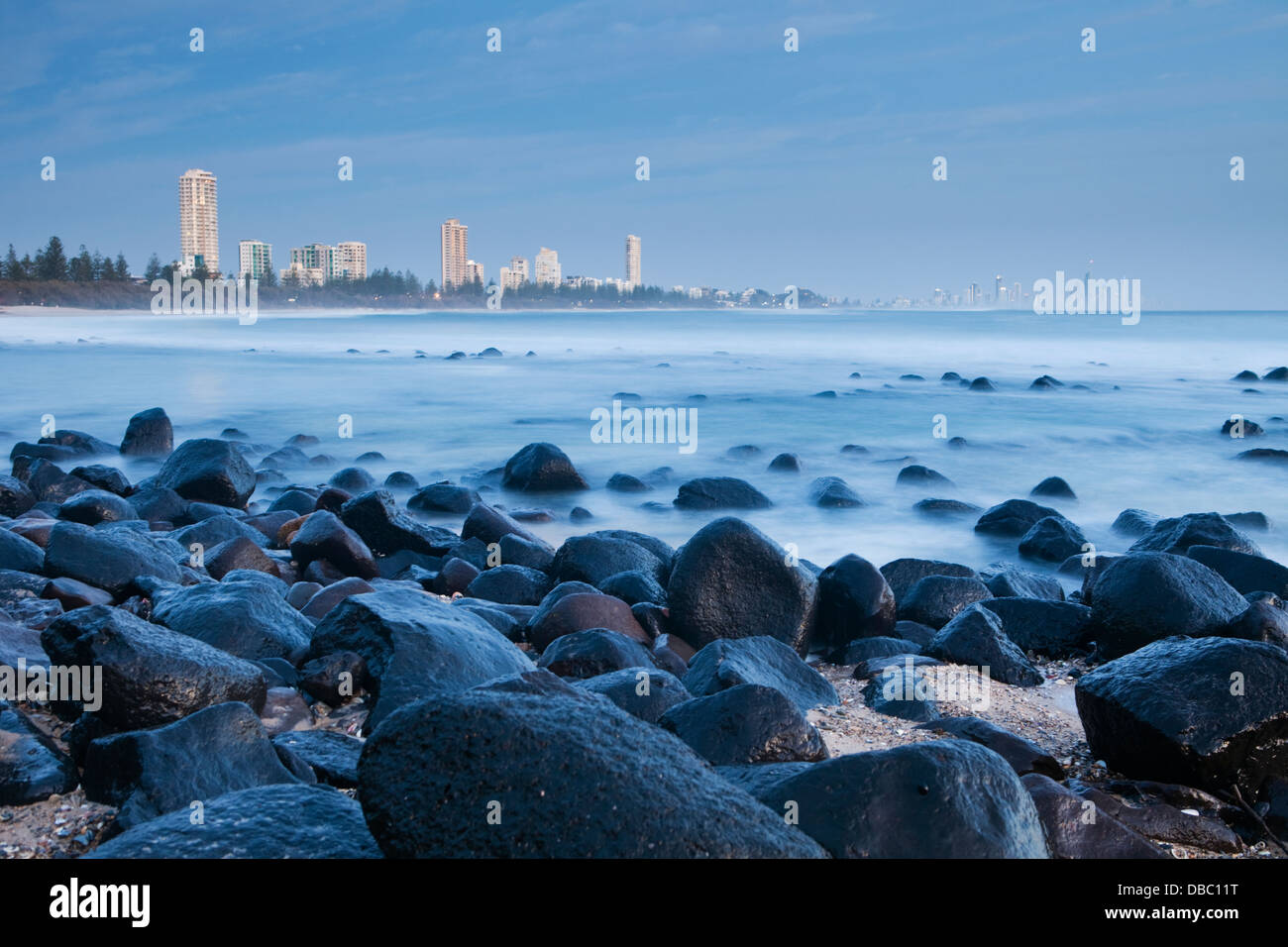 View along the coast at twilight, viewed from Burleigh Heads. Burleigh Heads, Gold Coast, Queensland, Australia Stock Photo