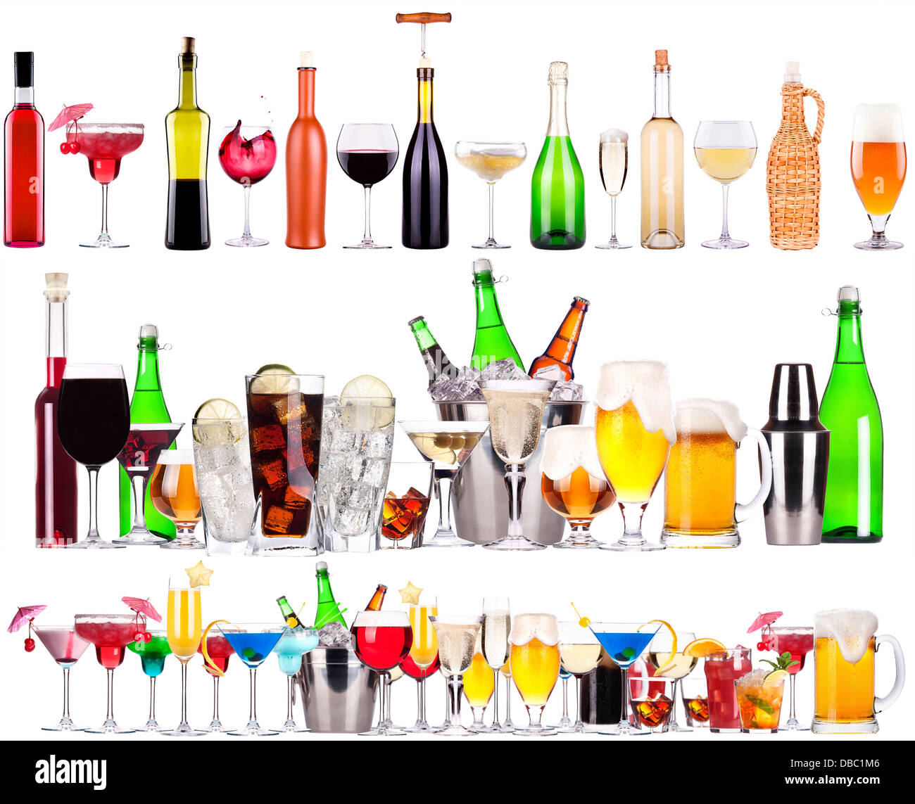 Set of different alcoholic drinks and cocktails - beer,martini,soda ...
