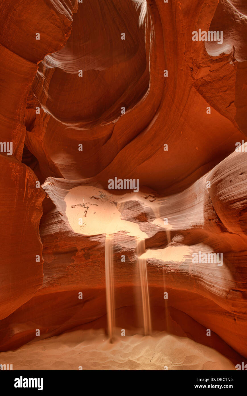 sand pouring in Upper Antelope Canyon, Page, Arizona. Stock Photo