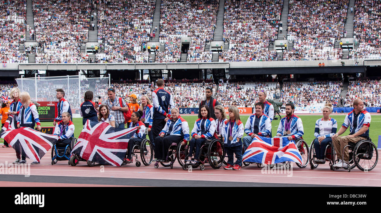London, UK. 28th July, 2013. Paralympians at the Palaympic Diamond League Games, waving to crowds, Sainsbury’s International Para Challenge in London. Photo: Credit: Rebecca Andrews/Alamy Live News Stock Photo