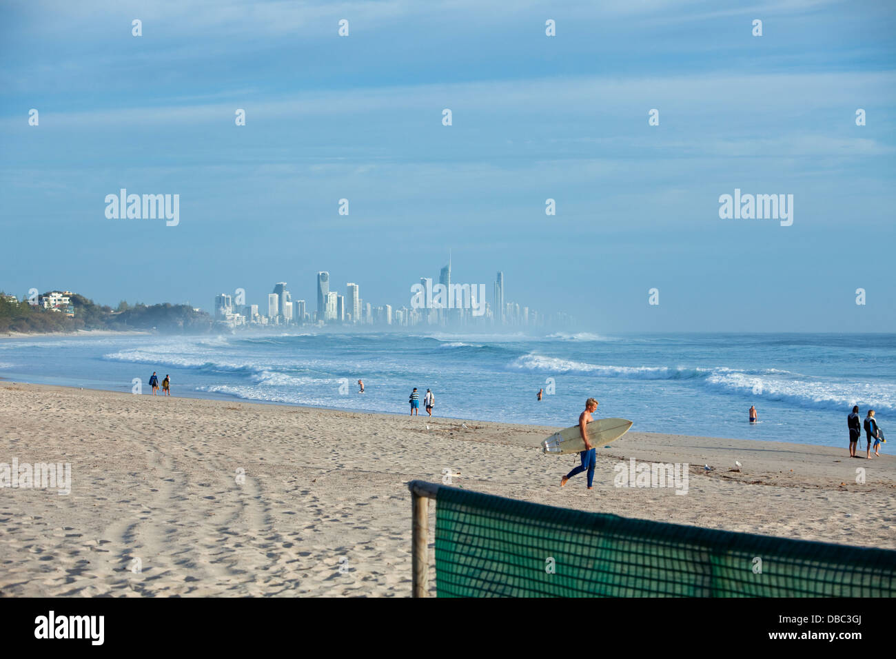 Burleigh Heads beach at dawn with Surfers Paradise skyline in background. Burley Heads, Gold Coast, Queensland, Australia Stock Photo