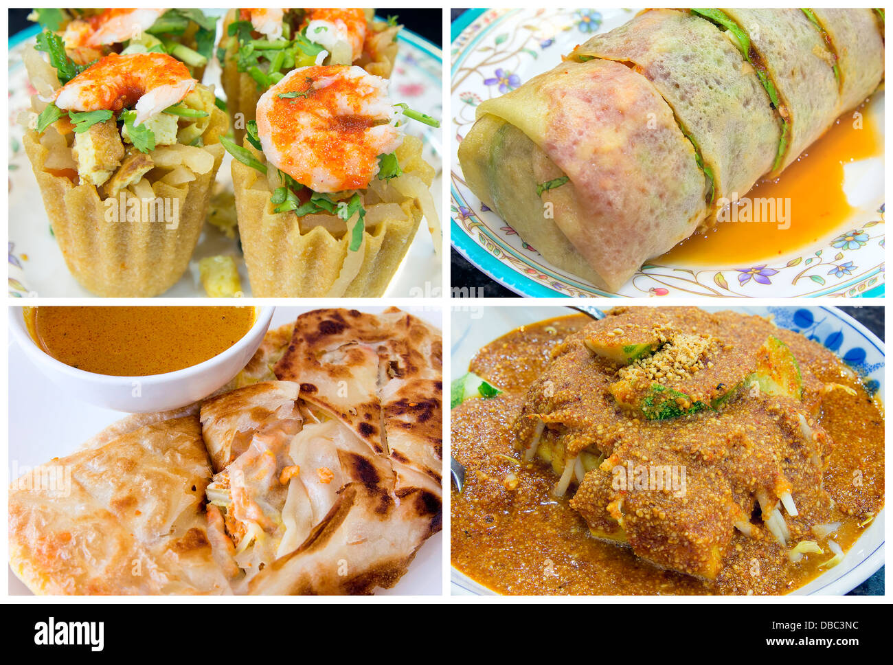 Southeast Asian Singapore Local Dishes Closeup og Poh Piah Kueh Pie Tee Roti Prata Tauhu Goreng Collage Stock Photo