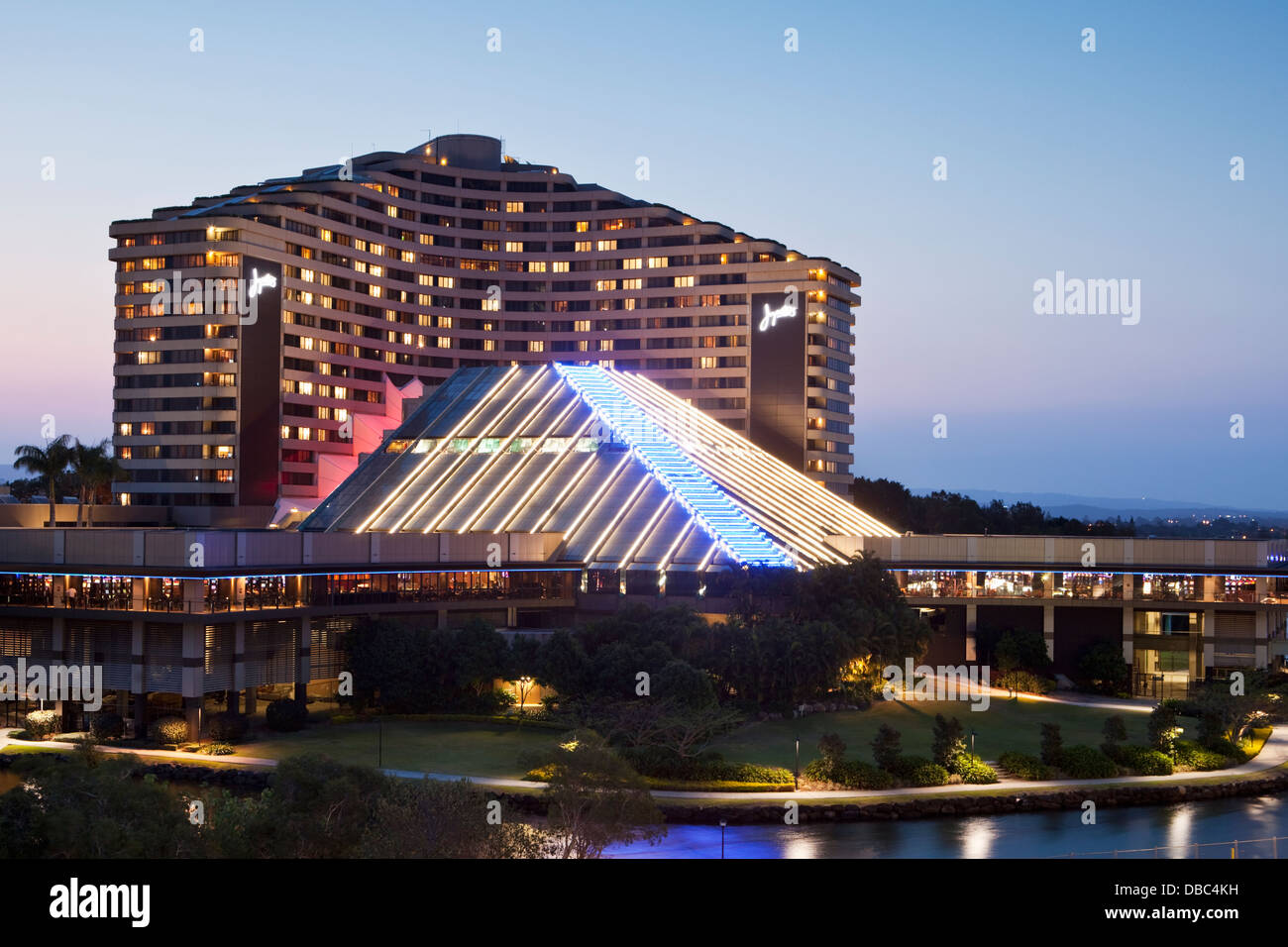 Jupiters Hotel and Casino illuminated at twilight. Broadbeach, Gold Coast, Queensland, Australia Jupiters Hotel and Casino illuminated at twilight. Broadbeach, Gold Coast, Queensland, Australia