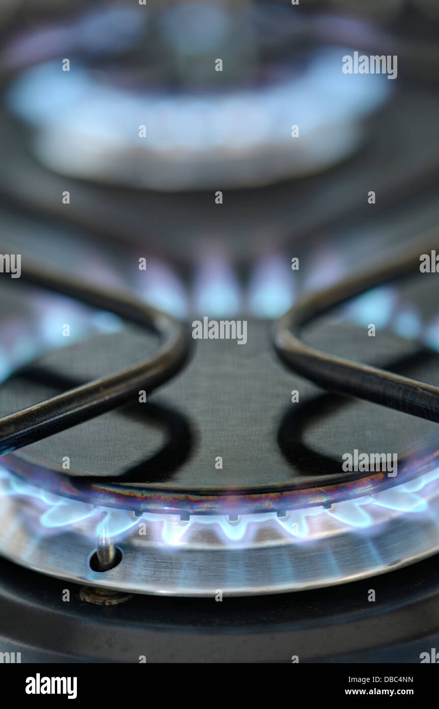 Close-up of two burning gas rings Stock Photo