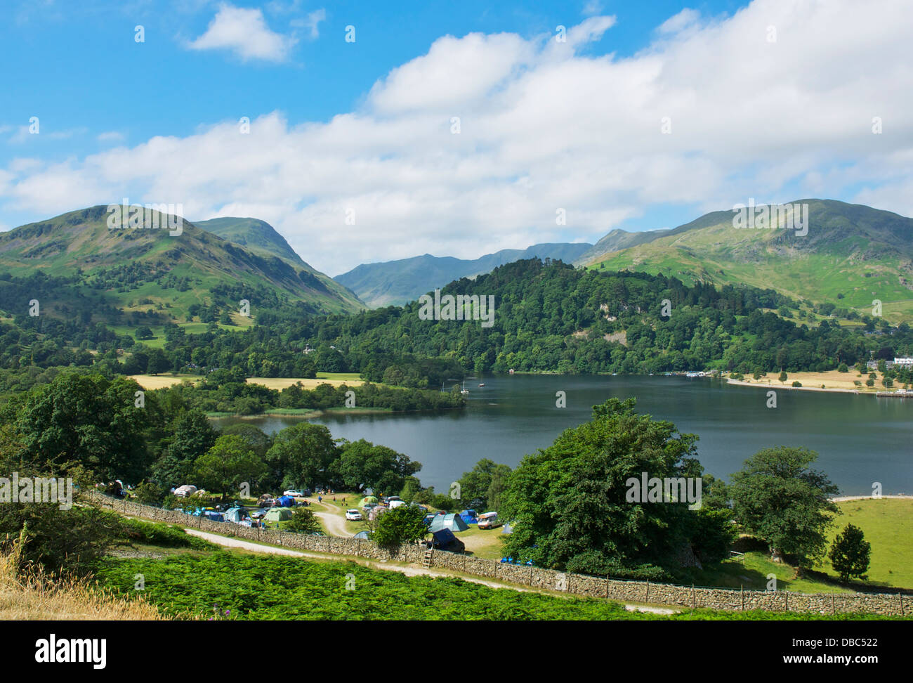 Campsite overlooking Ullswater, Lake District National Park, Cumbria, England UK Stock Photo