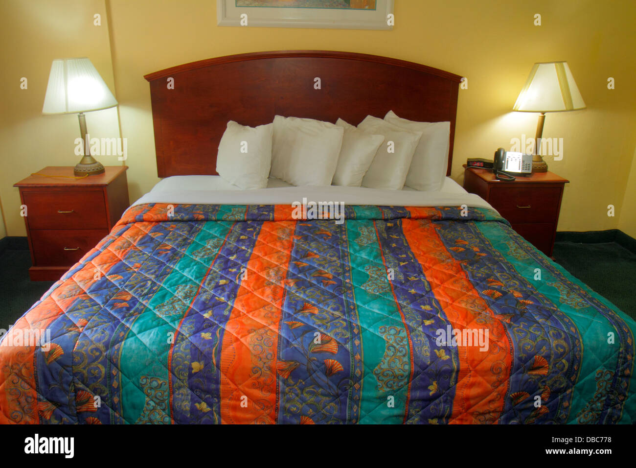 Fort Ft. Lauderdale Florida,Days Inn Bahia Cabana,motel,hotel,guest room,budget,interior inside,king size bed,made,furniture,bedspread,pillows,looking Stock Photo