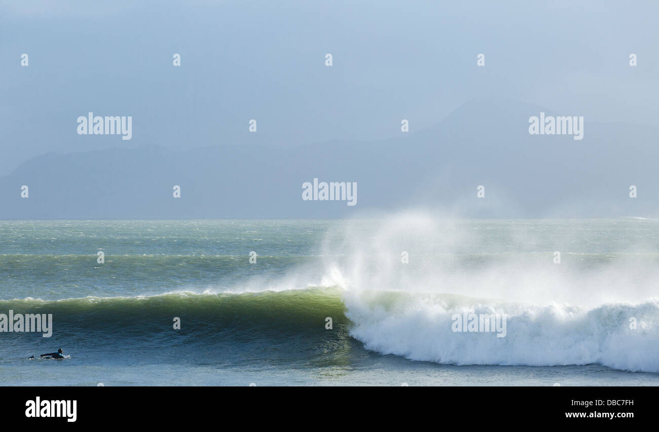 Surfer with waves breaking under the shadow of Croagh Patrick, Co Mayo Ireland Stock Photo