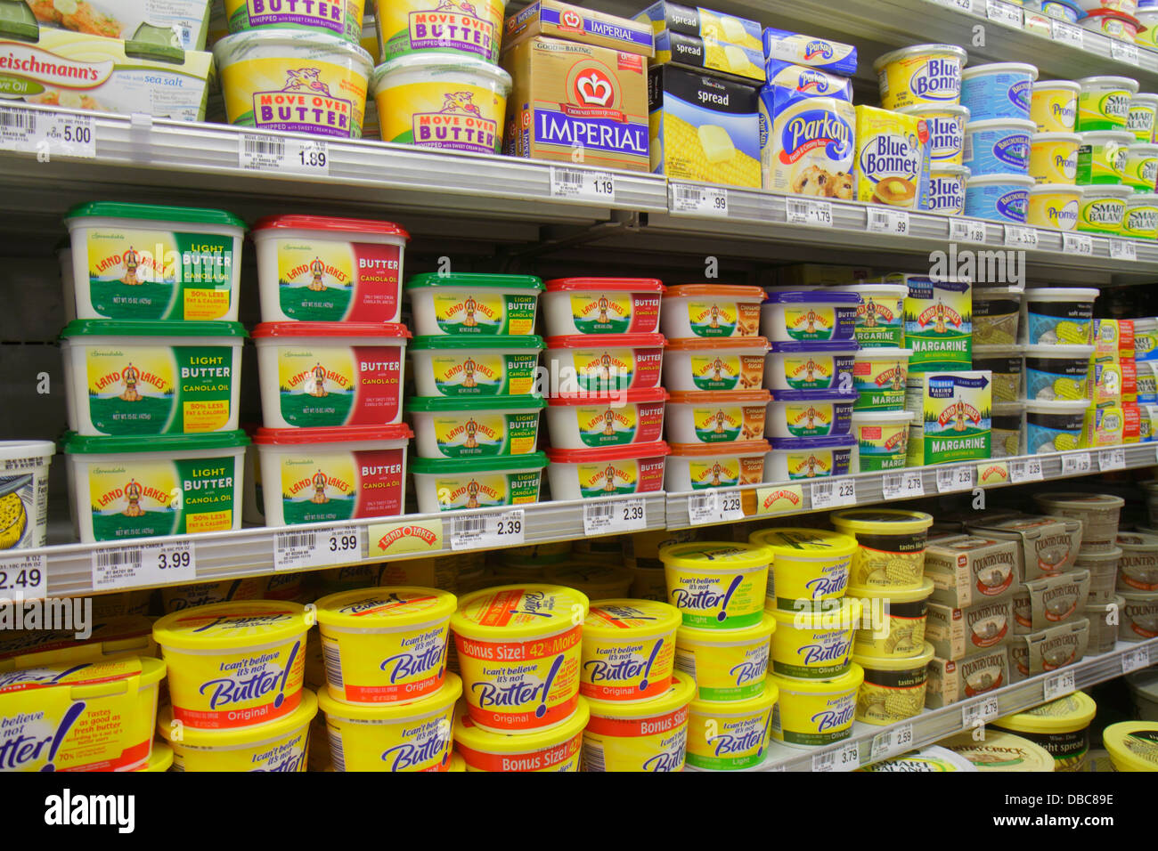 Fort Ft. Lauderdale Florida,Winn grocery store supermarket,food,competing brands,sale,display sale shelf shelves,pricing butter,substitute,Marg,Road,a Stock Photo