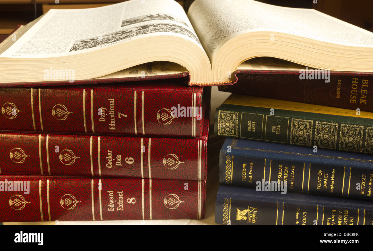 Books, leatherbound, Encyclopedias, Reference, Story Books Stock Photo