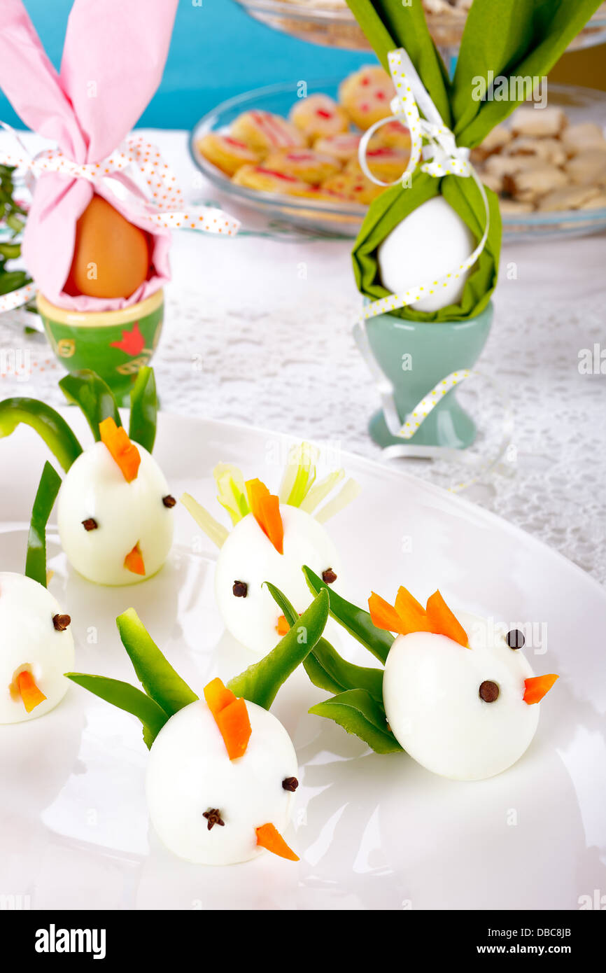Chickens made from hard boiled eggs Stock Photo Alamy