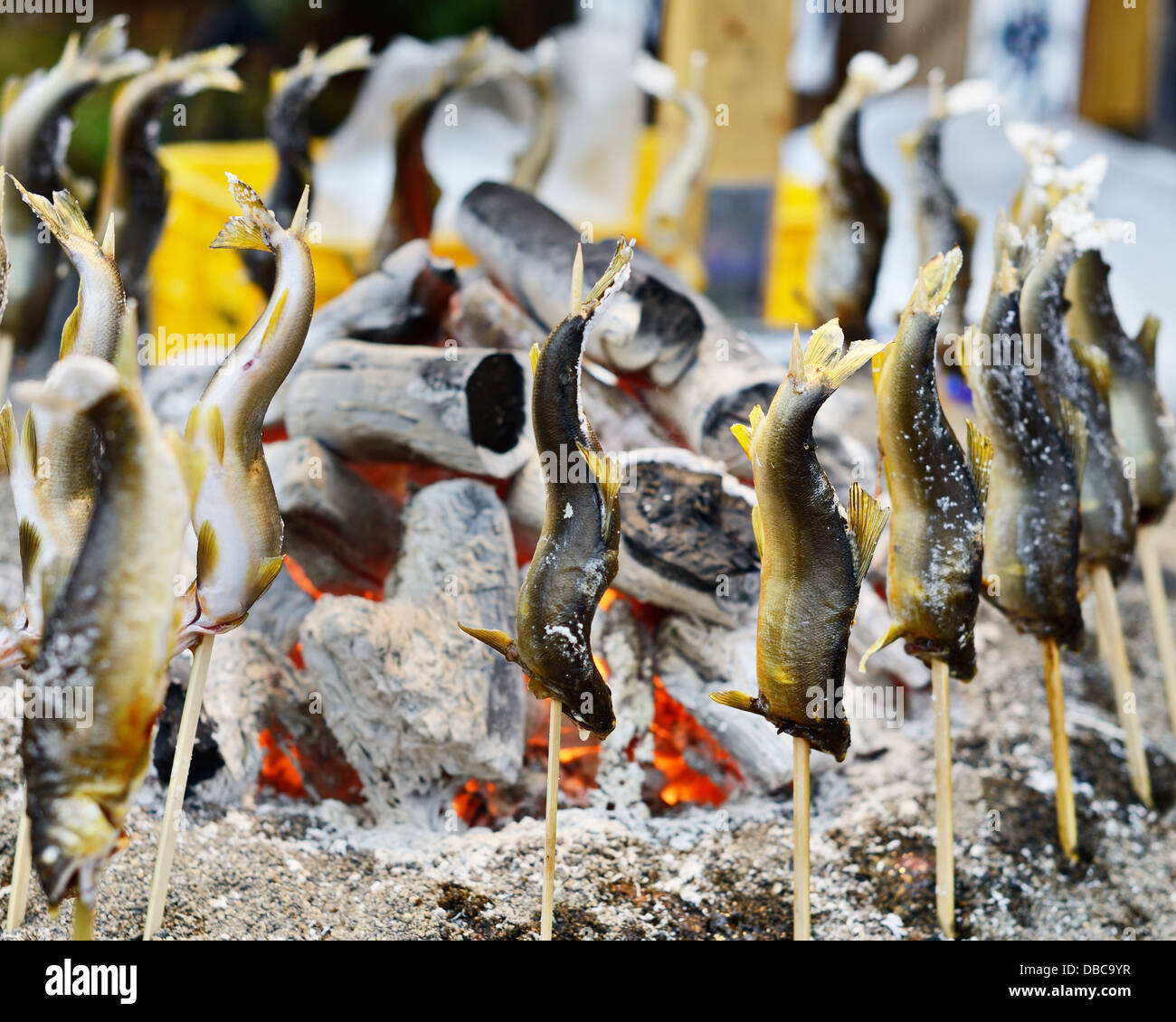Grilled fish on skewers Stock Photo Alamy