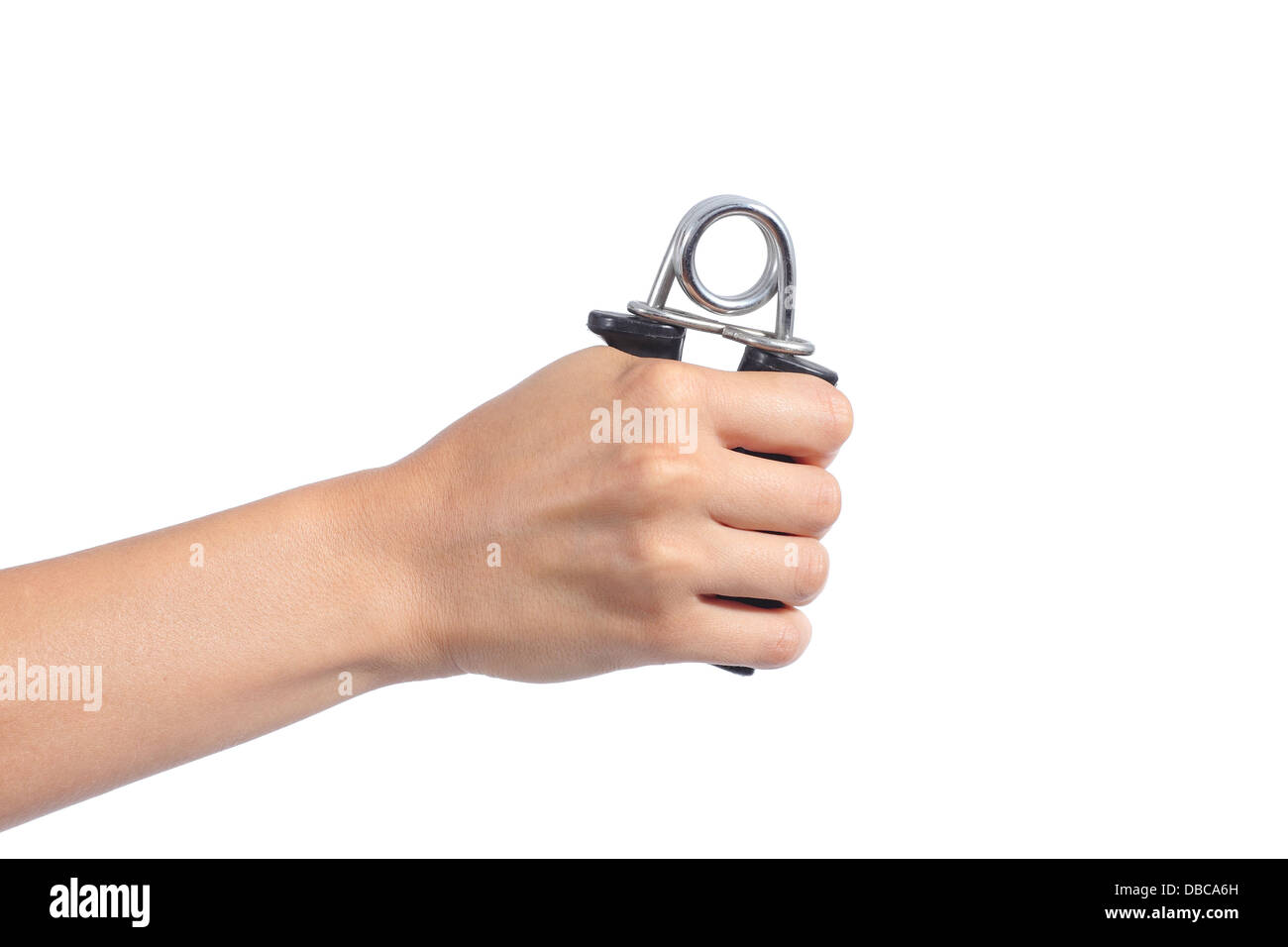 Woman hand holding and using a hand grip isolated on a white background Stock Photo