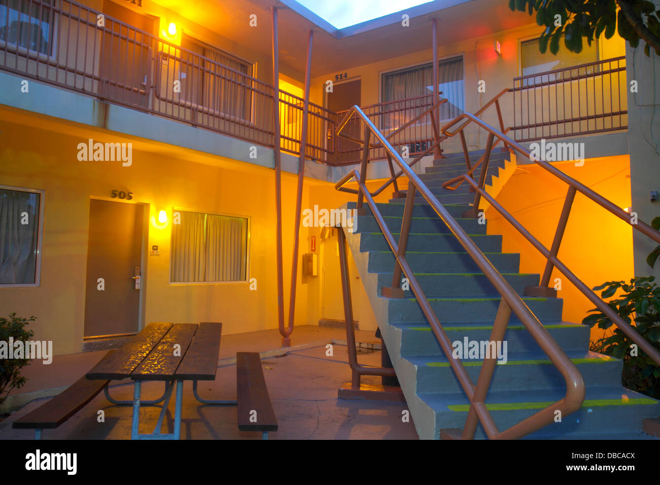 Fort Ft. Lauderdale Florida,Days Inn Bahia Cabana,motel,hotel,budget,stairs,lighting,evening,looking FL130720225 Stock Photo