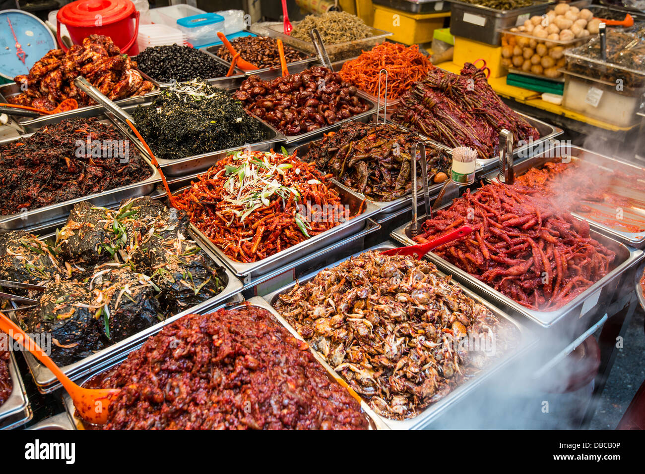 Food on display at Gwangjang Market in Seoul, South Korea. Stock Photo