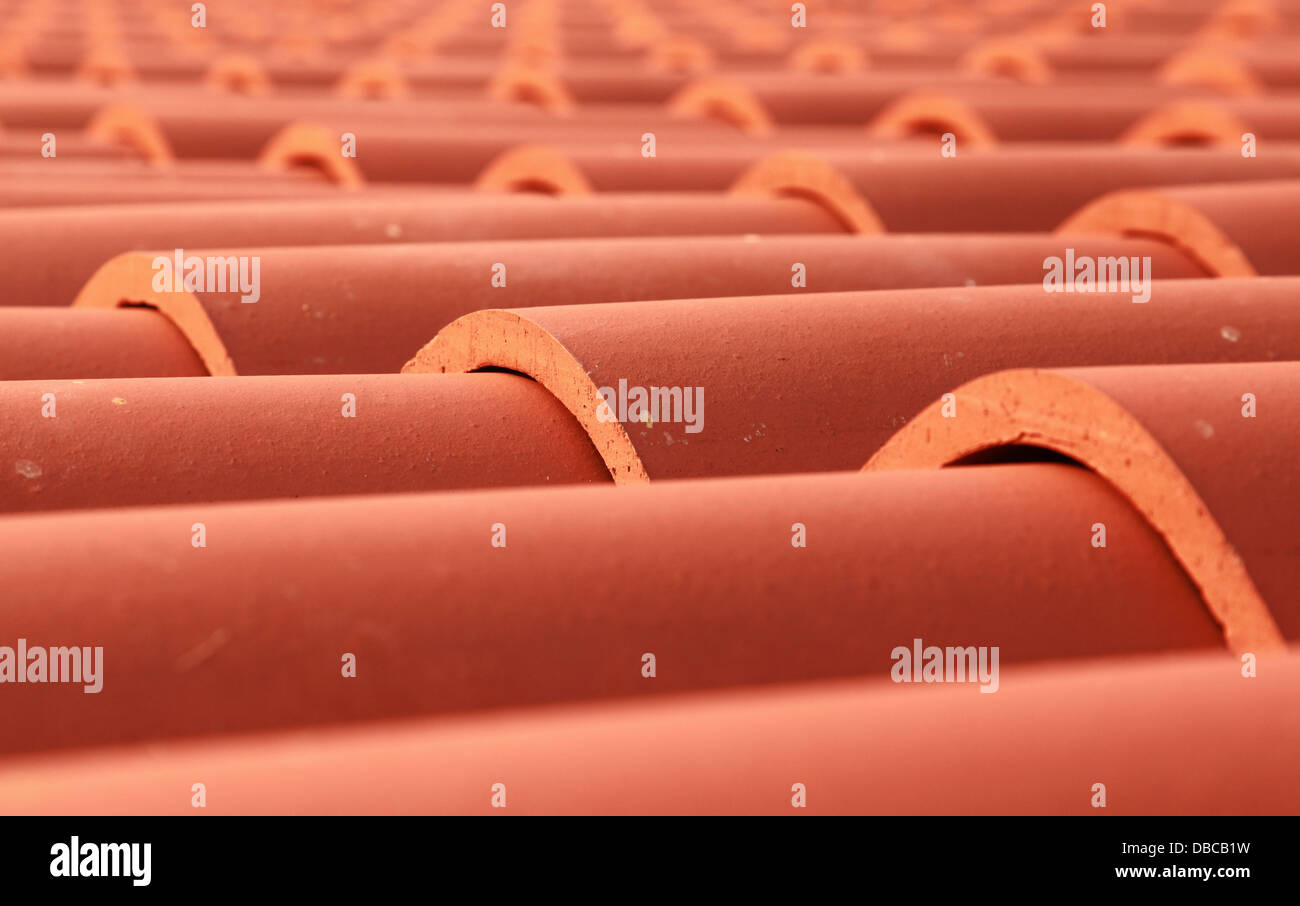 Red tile roof closeup photo with selective focus Stock Photo