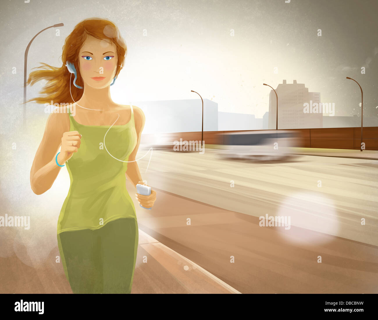 Illustration of young woman jogging while listening to music from MP3 player on sidewalk Stock Photo