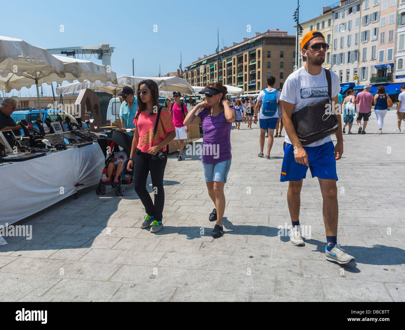 Marseille, France, Group young Tourists walking, Visiting Vieux Port area, Street Scenes, Stock Photo