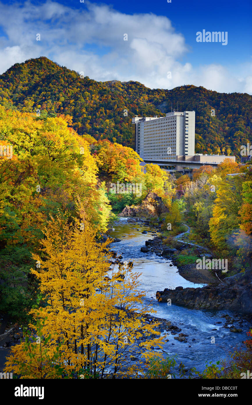 Toyohira River flows in Jozankei, Hokkaido, Japan. Stock Photo