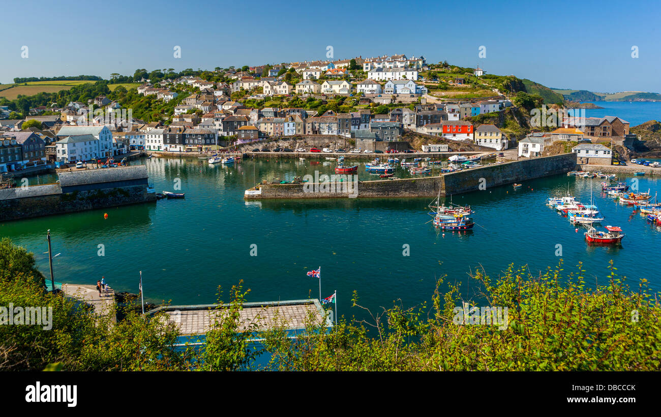 Houses on headland surrounding the old fishing port, Mevagissey, Cornwall, England, UK, Europe Stock Photo