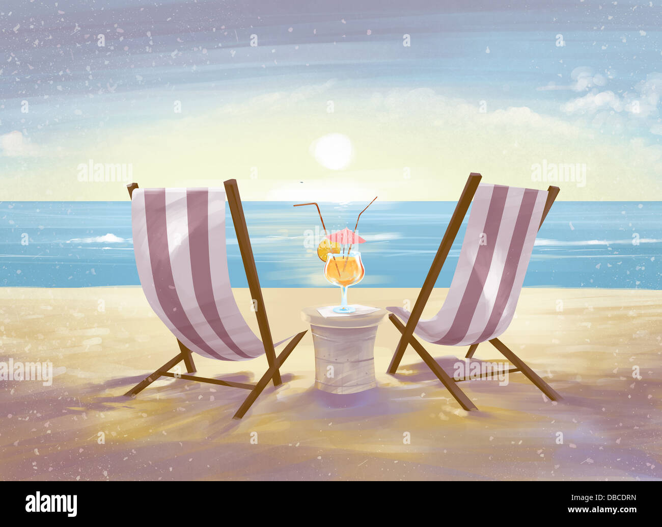 Illustration of deck chairs on beach Stock Photo