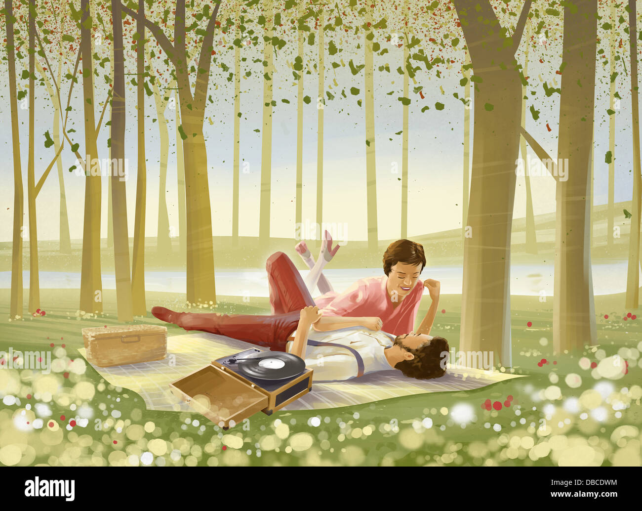 Illustration of romantic couple lying on picnic blanket in forest Stock Photo