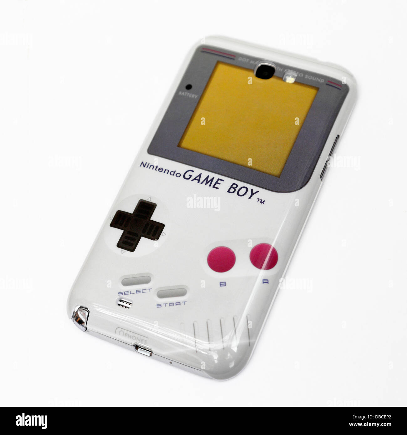 Samsung smart phone with a novelty skin cover imitating a Game Boy classic retro mobile gaming device Stock Photo