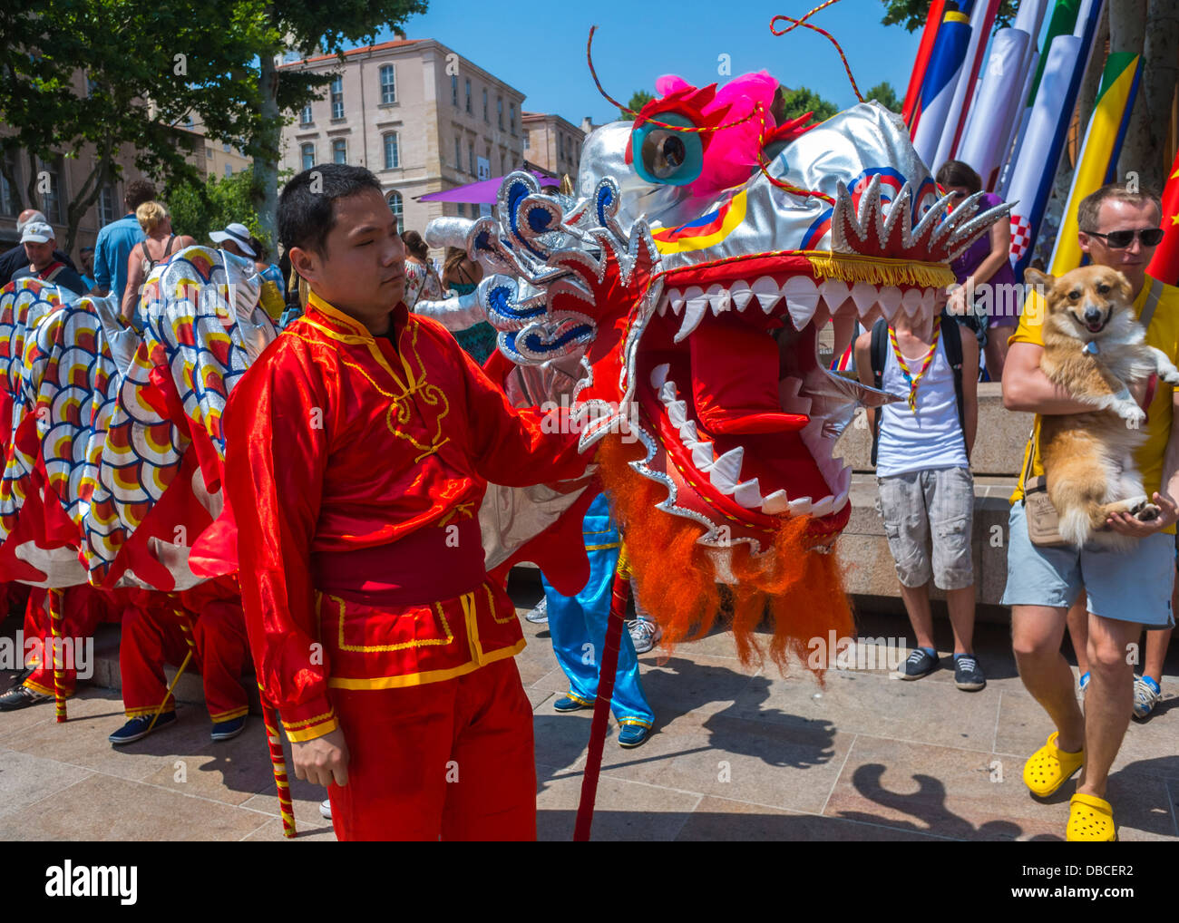 Marseille, France, Chinese Dragon Dance on Street, South of France, Chinese New Year, Street Carnival, Parade, Man Costume Stock Photo