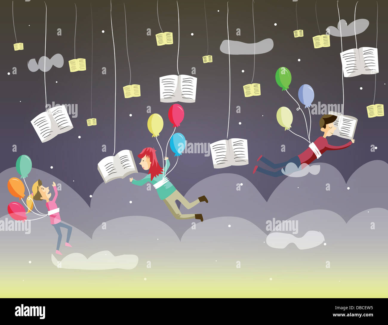 Illustrative image of children reading books while hanging in clouds representing World Book Day Stock Photo