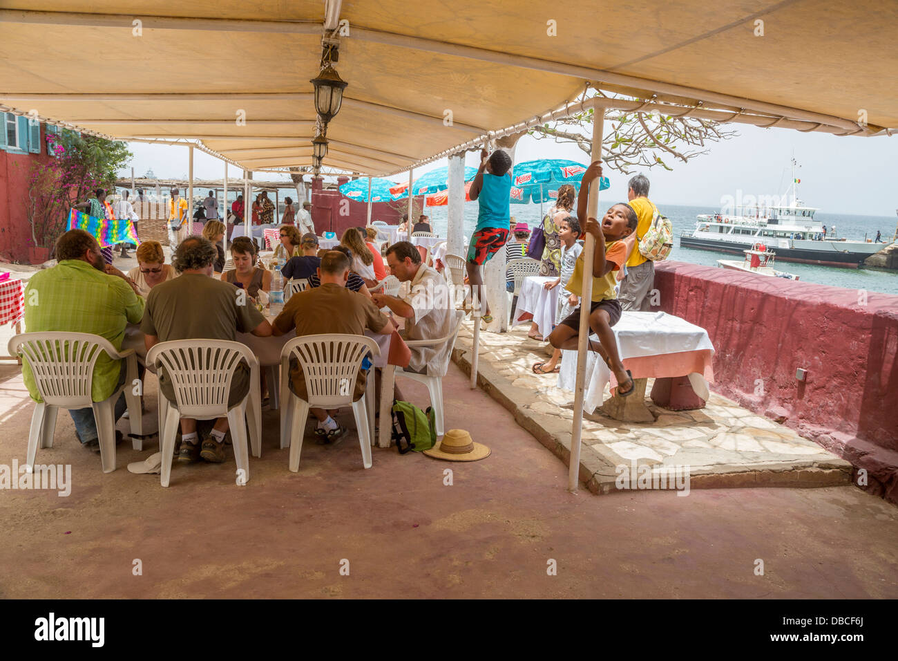 Outdoor Restaurant at the Hostellerie du Chevalier de Boufflers, Goree Island, Senegal. Stock Photo