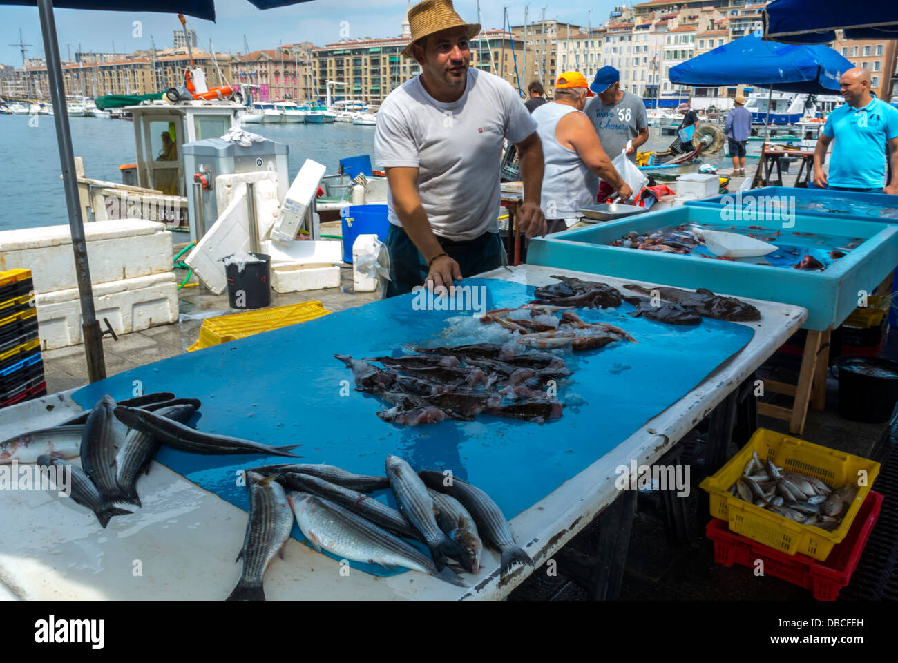Marseille France, Fisherman with merchandise on Vieux Port area, Street Scenes, Fish Market Stock Photo