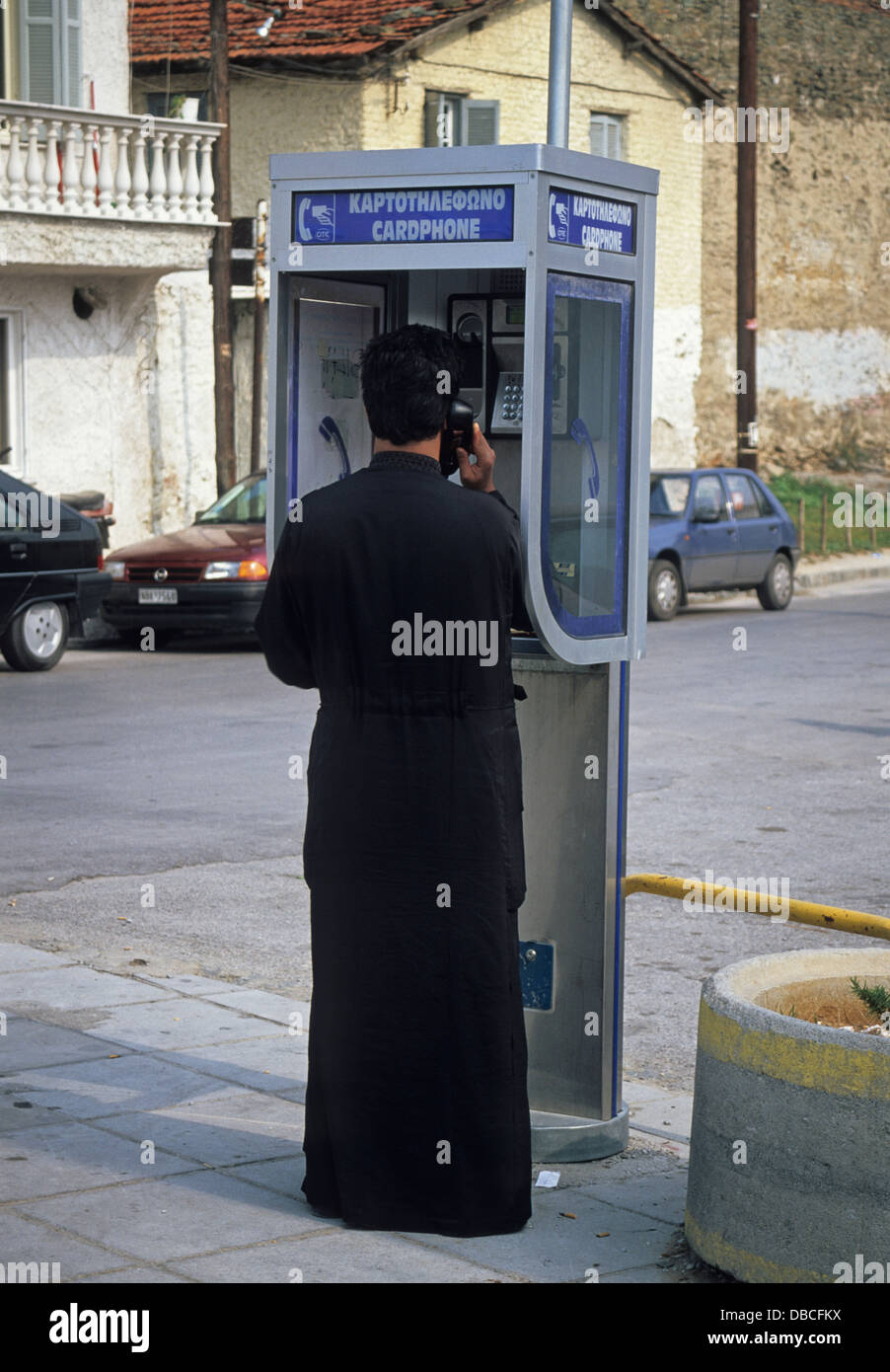 Priest on the telephone, Thessalonica, Greece Stock Photo