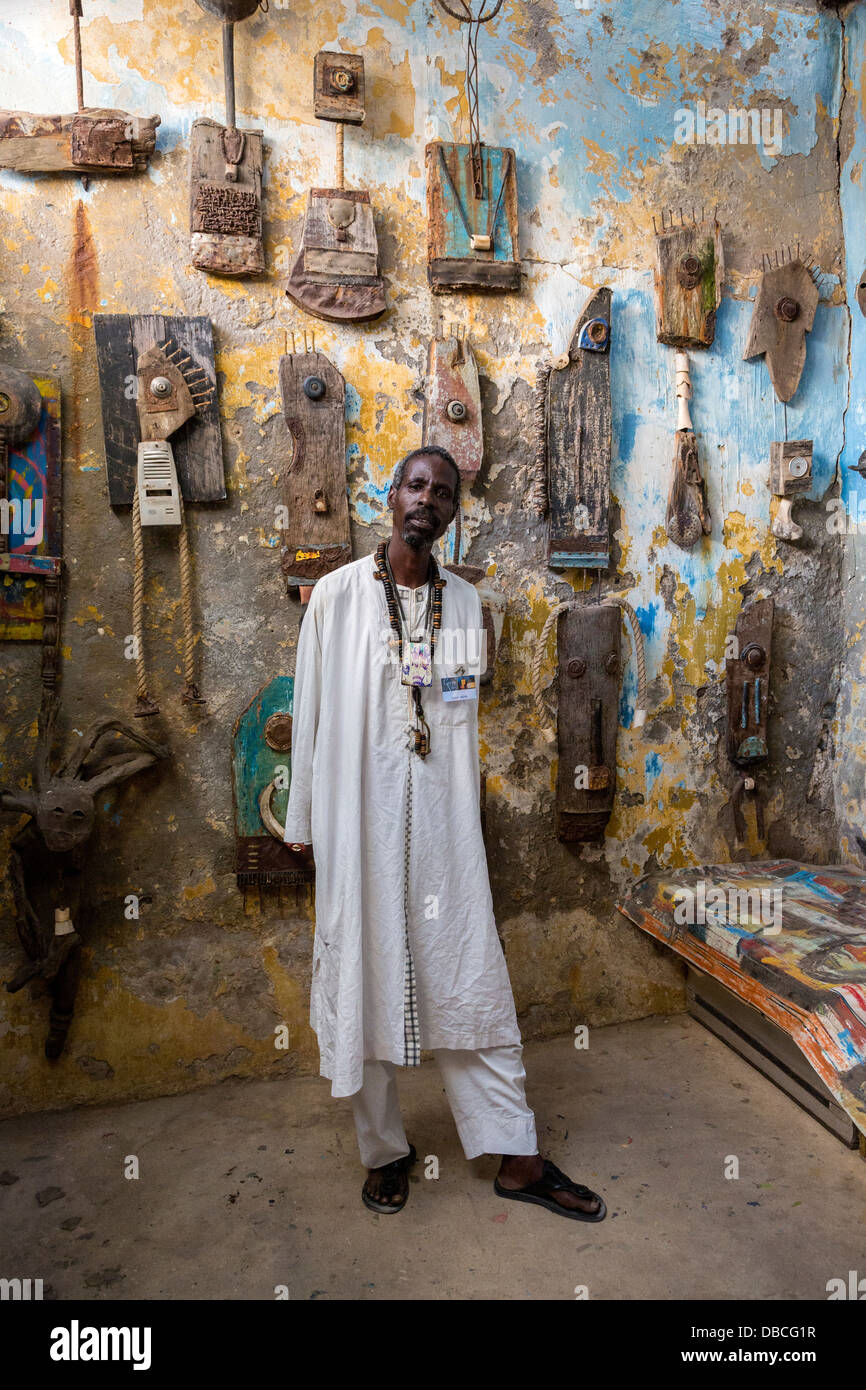 Artist Djibril Sagna in his Workshop, Biannual Arts Festival, Goree Island, Senegal. Stock Photo